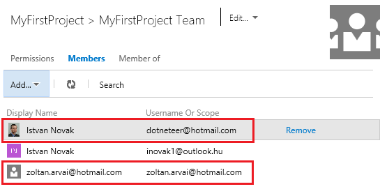 3. Visual Studio Online alapok 3-15 ábra: Felhasználók hozzárendelése a projekthez 4. Ha az új felhasználókat felsoroltad, kattints a Save changes gombra!