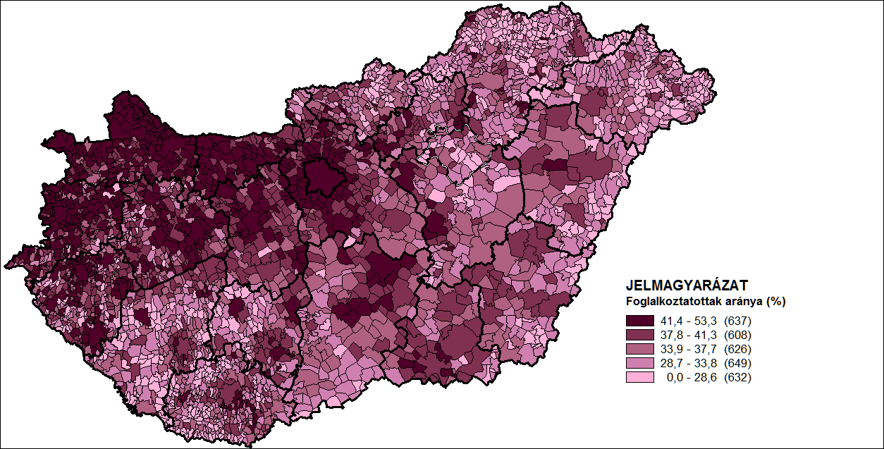 A foglalkoztatottak aránya a teljes népességen belül (Népszámlálás, 2011)