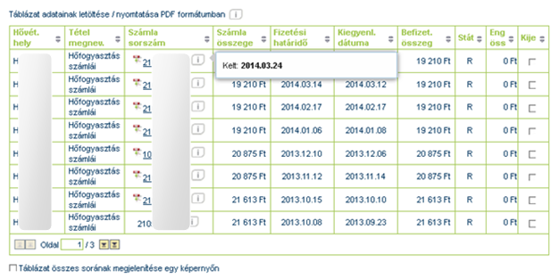 keresésekor. A számla sorszáma mellett látható ikonra kattintva megjelenik a számla kelte. Azok a számlák, amelyek mellett PDF ikon látható, letölthetők PDF formátumban.