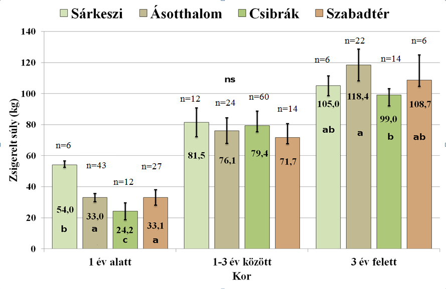 A varianciaanalízis eredménye szerint az egy év alatti állatoknál mért paraméterek többségénél szignifikáns különbség (P<5%) mutatható ki (1.7. melléklet).