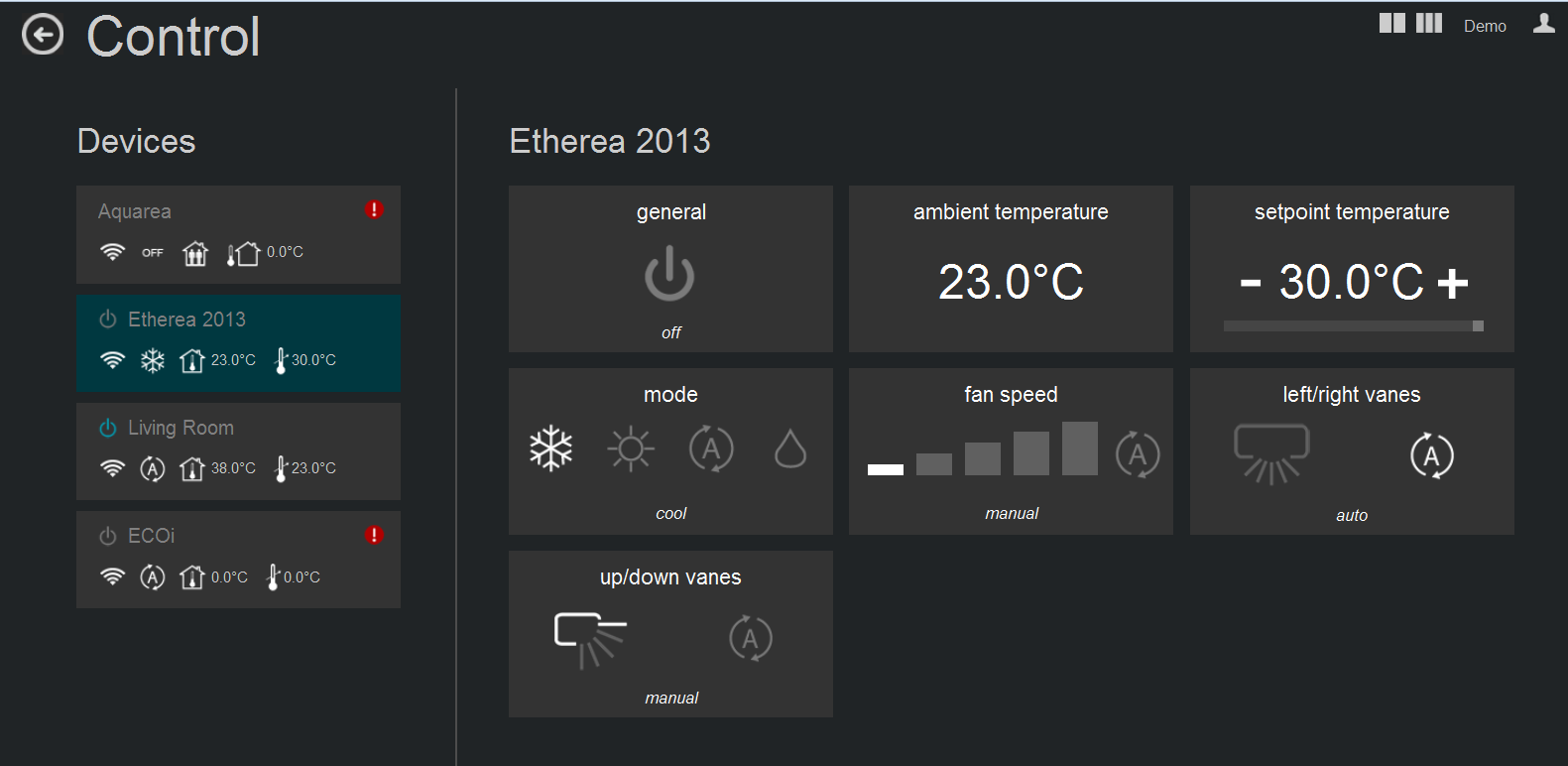 8. Control Interface (vezérlési felület) Lépjen be a rendszerbe az 5.1. fejezetben leírtak szerint Ha belépett az IntesisHome főoldalra, a "Control" gombbal érheti el a vezérlő oldalt (lásd 8-1 ábra).