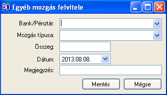 Egyéb mozgás felvitele A programba egyéb pénzmozgásokat is fel lehet venni (pl.: hitel, kölcsön). A mezők értelemszerű kitöltésével, majd a Mentés gombra kattintva lehet az adatokat elmenteni.