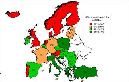 A nıi munkavállalási ráta az európai országokban, 2004. Forrás: Eurostat.