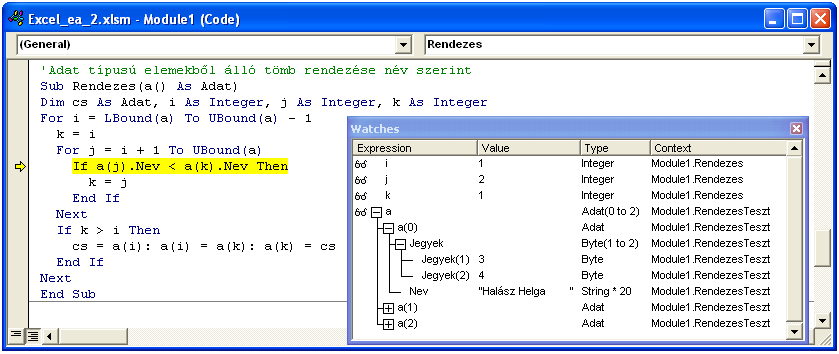 3.24. ábra. Lépésenkénti futtatás és a Watches ablak A programok lépésenkénti futtatása a Debug menü Step Into funkciójával végezhető.