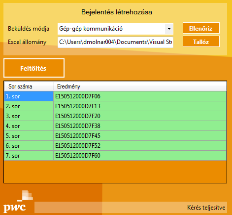 6. EKAER-számok létrehozása A program ezután az egyes bejelentésekhez kapott EKAER-számokat megjeleníti a felhasználói felületen, illetve létrehoz egy új Excel állományt a Data mappában, amelybe el