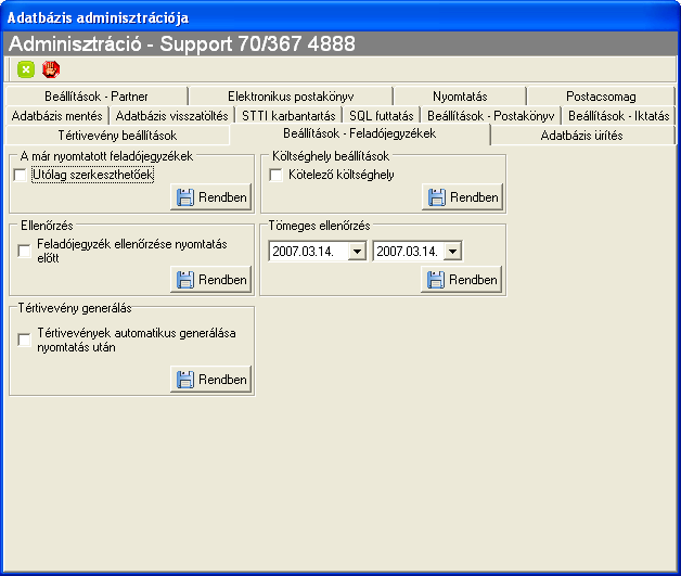 Adatbázisok ürítése fül Települések törlése: töröltre állítja a program installálása óta felvitt településeket.