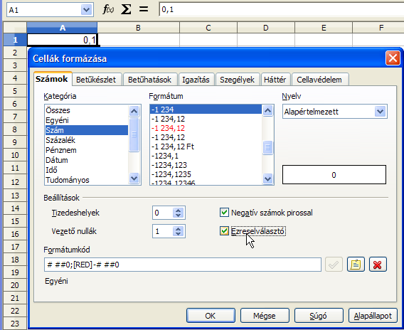 5. FEJEZET. SZÁMFORMÁTUMOK 32 5.4. Számformátumkódok Egyedi számformátumkódok használatával meghatározhatjuk, hogy milyen formában jelenjenek meg a beírt számok a cellákban.