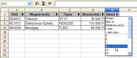 12. FEJEZET. ADATTARTOMÁNYOK A CALCBAN 77 12.3. ábra. Rendezés Beállítások kapcsolhatunk be a mezőnevek cellái mellett. Ezek valamelyikére kattintva kiválaszthatunk egy elemet.