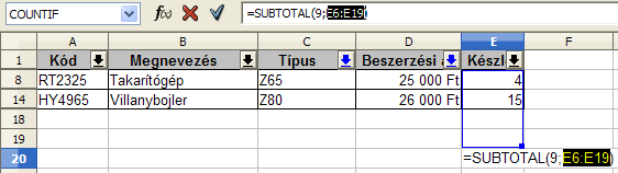 12. FEJEZET. ADATTARTOMÁNYOK A CALCBAN 79 12.6. ábra. 25. feladat Általános szűrő 12.7. ábra. 25. feladat SUBTOTAL függvény A SUBTOTAL függvénynek a magyar nyelvű Microsoft Excelben a RÉSZÖSSZEG nevű függvény felel meg.