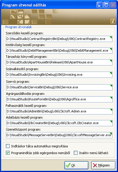 Program útvonal beállítás A Program útvonal beállítás menüpontot kiválasztva megadható, hogy hol található a számítógépen az egyes programhoz tartozó indító program EXE fájlja: Az adatmező bal felső