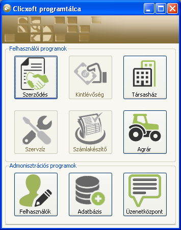 A program szerepe (Megnyitás) A Megnyitás menüpontot kiválasztva a program egy ablakot nyit meg, melyben mind a felhasználói, mind az adminisztrációs programokhoz tartozik egy nyomógomb az