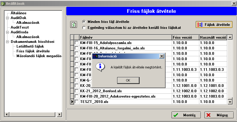 majd bekattintjuk a Minden friss fájl átvétele gombot, utána a kattintunk. gombra Az átvétel befejezése után A kijelölt fájlok átvétele megtörtént üzenetet kapjuk.