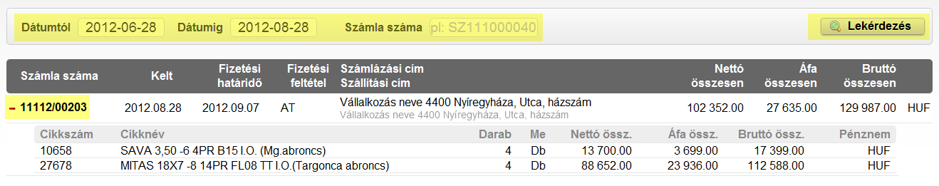 Számlák áttekintése Ezen a képernyőn megtekintheti a 2012.09.03 (azaz az új rendszer indulása óta) az Ön számára készített számlákat.