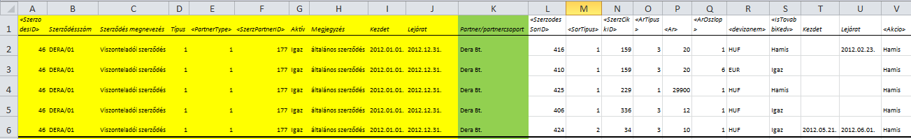 Szerződés importálása/exportálása Lehetőségünk van arra is, hogy a szerződés adatait exportáljunk Excel-be, illetve importáljuk Excelből.