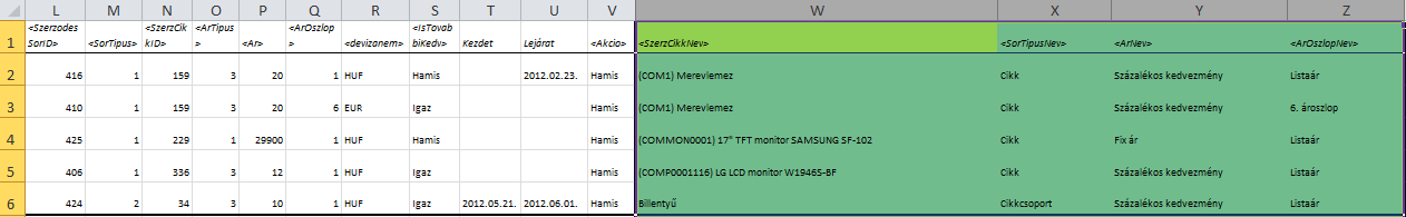 Az excel táblázatban vannak olyan oszlopok, amelyeket az importálás során a program nem vesz figyelembe, ezek az oszlopok (zöld színű) csak tájékoztatás céljából szerepelnek a szerződés sorokban