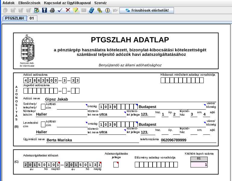 A nyomtatvány első lapja.