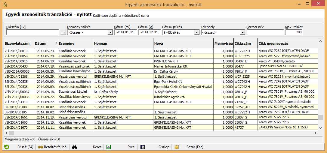 Nyitott tranzakciók Az első menüpontban a NYITOTT TRANZAKCIÓK funkció látható, itt találhatók azok a tételek, amelyeket a Kereskedelmi rendszerben létrejöttek és
