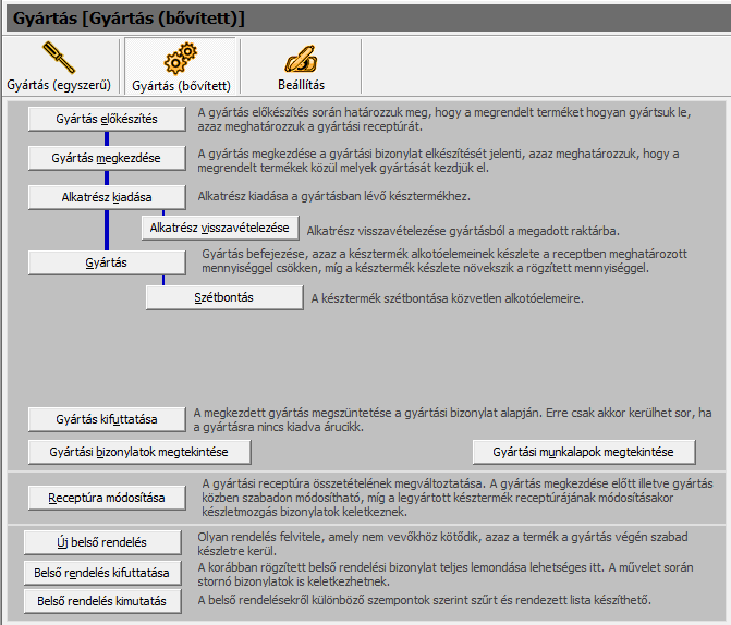 GYÁRTÁS (BŐVÍTETT) Az ACTUAL Ügyviteli Rendszer fontos részét képezi a késztermékek és félkész termékek összeszerelését kezelő Gyártás modul. (Lehetőség van egyszerű gyártás kezelésére is).