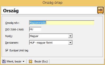 Ország Ország felvitelénél az ország név listából lehet választani, a rendszer automatikusan kitölti az Európai Unió tag és ISO kód mezőket.