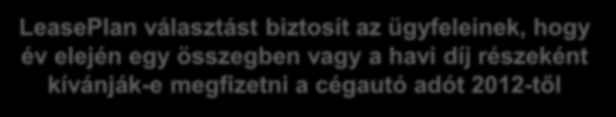 CÉGAUTÓADÓ Page 56 21/11/2011 Adószámítás alapja motorteljesítmény környezetvédelmi osztály Év elején egy összegben fizetendő január 20-ig Vagy a vásárlást követő hó 20-ig kell az év hátralevő