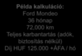 PARTNERPLAN AZ IGÉNY Példa kalkuláció: Ford Mondeo 36 hónap 72,000 km Teljes karbantartás (adók, biztosítás nélkül) Díj HUF 125.