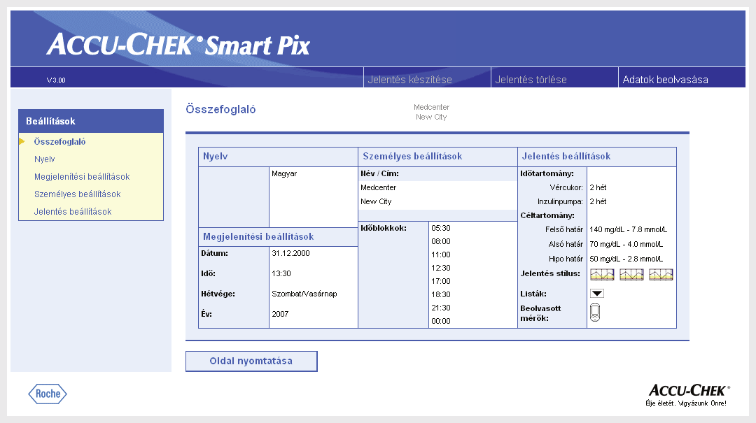 2. fejezet, Az Accu-Chek Smart Pix készülék üzembe helyezése Jelentés beállítások Kattintson a navigációs sáv Jelentés beállítások hivatkozására.