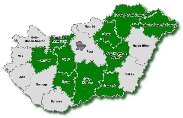 A csökkenés mértékének sorrendjében: 1. Bács-Kiskun megye 2. Komárom-Esztergom megye 3. Tolna megye 4. Veszprém megye 5. Heves megye 6. Fejér megye 7. Borsod-Abaúj-Zemplén megye 8.