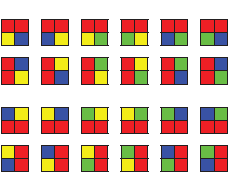 3. Színezzetek kétszínű négyzeteket! Két színt használhattok: pirosat és sárgát (piros- sárga, piros-kék, piros-zöld, sárga-kék, sárga-zöld, kékzöld).