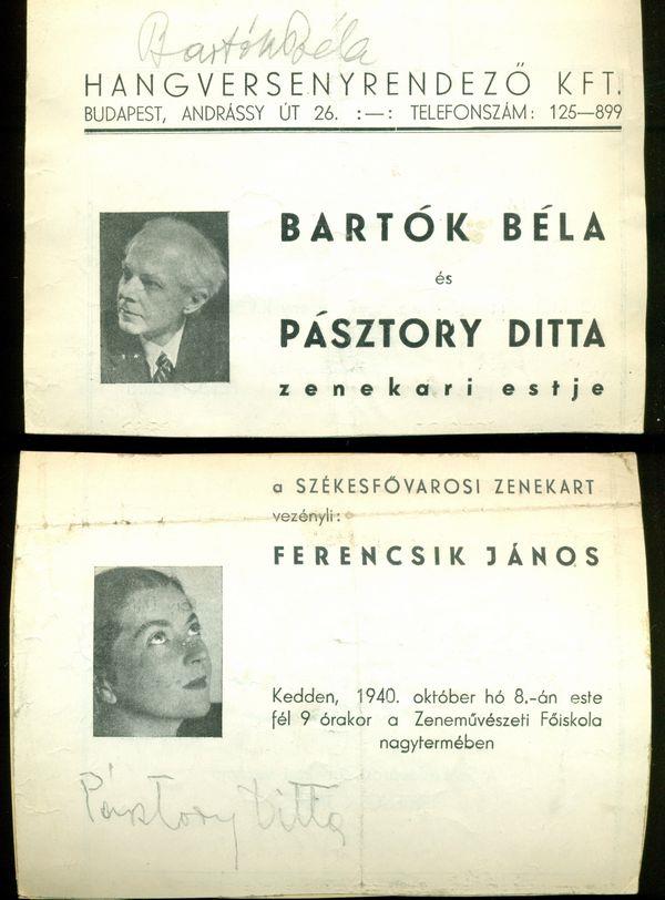 102. [Bartók Béla utolsó magyarországi hangversenye.] Műsorlap Bartók és felesége saját kezű aláírásával. Bartók Béla és Pásztory Ditta zenekari estje.