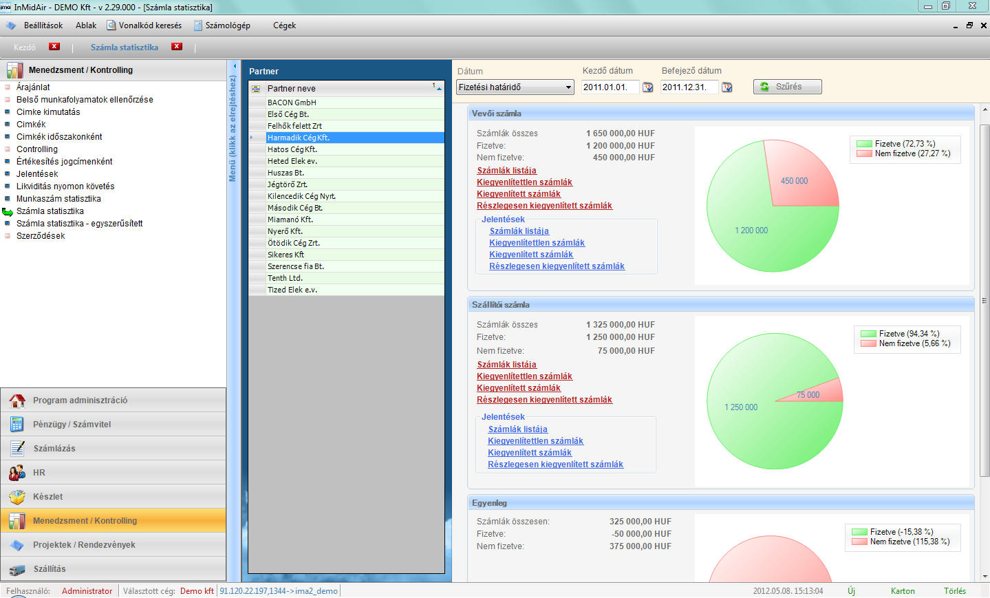 XII. Számla statisztika - egyszerűsített A Menedzsment / Kontrolling modul Számla statisztika egyszerűsített menüpontjában, a kiválasztott partner vevői-,