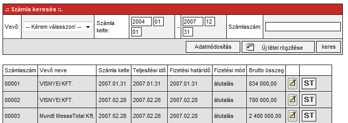 2.3 Bejelentkezés 2.3.1 Regisztrált felhasználók a regisztrációnál megadott adataikkal jelentkeznek be a számlázóba. 2.3.2 Bejelentkezés utána a főmenű jelenik meg: 2.3.3 Lehetőségünk van 2.3.4 a regisztrált adatainkat módosítani az Adatmódosítás gombbal, 2.