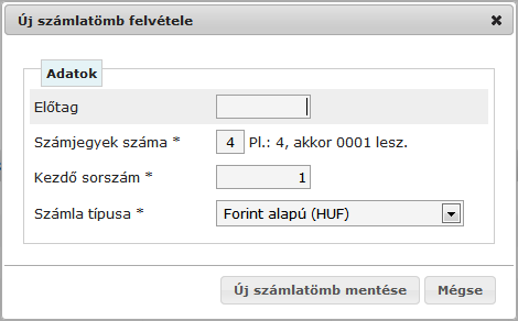 Új számlatömb készítésénél megadható előtag, számjegyek száma és a kezdő sorszám is.