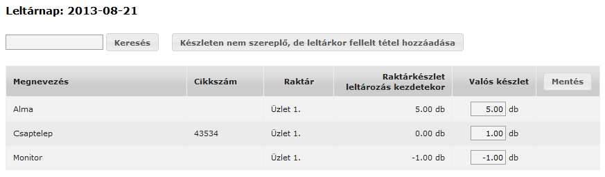 44. ábra. Hozzáadandó tételek Ilyenkor a tételek listából kiválasztható, hogy az adott tétel melyik raktárra kerüljön felvételre. Valamint teljesen új tételt is lehet rögzíteni. 45. ábra. A tételek között a Csaptelep bekerül, mint fellelt cikk A leltározás végeztével a leltárt le kell zárni.