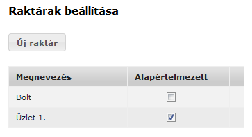 Raktárak beállítása Lehetőség van egyedi raktárak beállítására ebben a menüpontban.