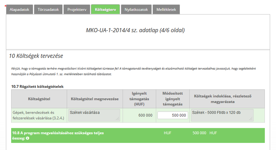 Az újratervezést oly módon kell végrehajtani, hogy a 10.8 A program megvalósításához szükséges teljes összeg, illetve a 12.