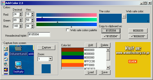 Egyedi elrendezésű weblapok Shareware: Segédprogramok a színek állításához Mivel sok szó esett a színekről, lássunk pár segédprogramot, amelyekkel a színek között tallózhatunk. Az elsőt a http://www.