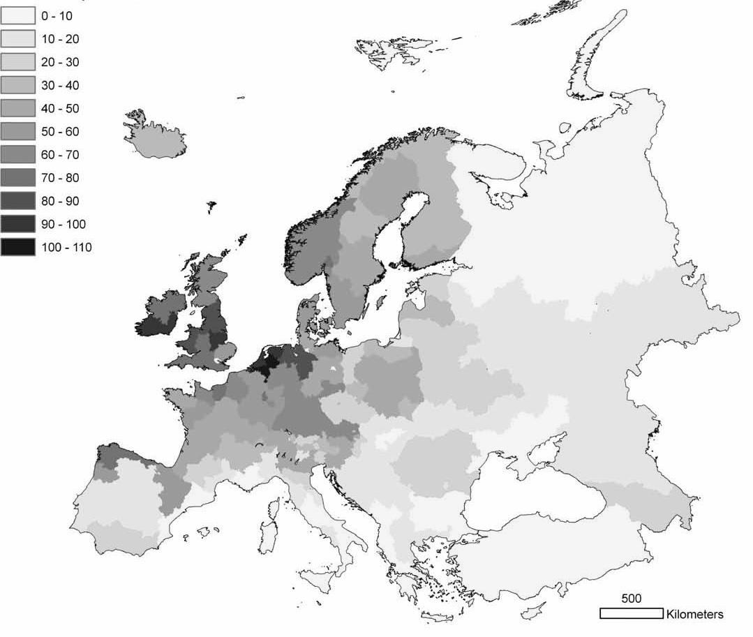 44. ábra: A gyepterületek termelési potenciálja Európában (100kg/ha) Forrás: