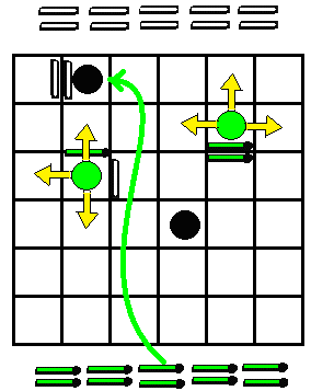 ENTRAPMENT-II. (szabályváltozatok gyakorlottabbaknak) Üres 7x7-es táblán, előbb 3-3 db bábu egyenkénti váltakozó lerakosgatásával alakul ki a kezdő állás.