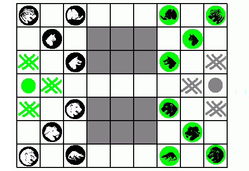 DZSUNGEL ( sakk-előzetes nemcsak kicsiknek) Sötét és világos 8-8 állatot formázó bábujával az ellenfél barlangjának elfoglalásában versenyez.