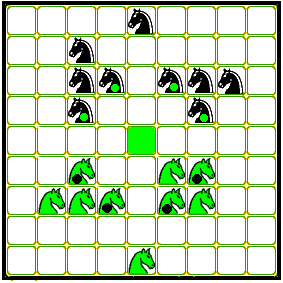 JESON MOR ( 9x9-en, 9-9 pacival, mongolos üsd-vágd! lovasroham) Az nyer, aki elfoglalja a tábla középső mezőjét és (!) a rákövetkező lépésben onnan távozni is tud (azaz nem tudja leütni ellenfele).