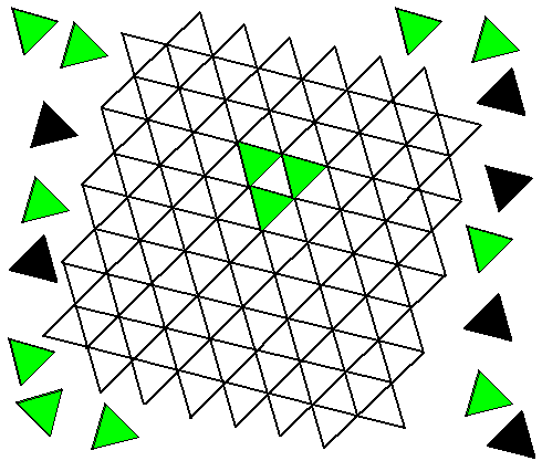 SPANGLES (tábla nélkül is játszható háromszög-nyerős Amőba) Az alapjátékban (és az ötlet lényegében) a bábuk alakja egyenlő oldalú háromszög.