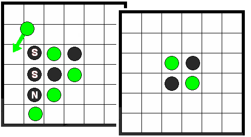 szimpla-reversi Nincs "enyém-tied", a közösen használt bábuk lapjaikon eltérő színű korongok, amik megfordítva: hol az egyik, hol a másik játékoshoz tartoznak.