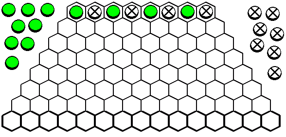 CASCADES ( láncos kiszorítósdi ) A felső sorban váltakozva elhelyezett sötét (X) és világos (O) bábuk nyitóállásához a két játékos felváltva 1-1 saját bábut rak a saját bábujával szomszédos mezőre.