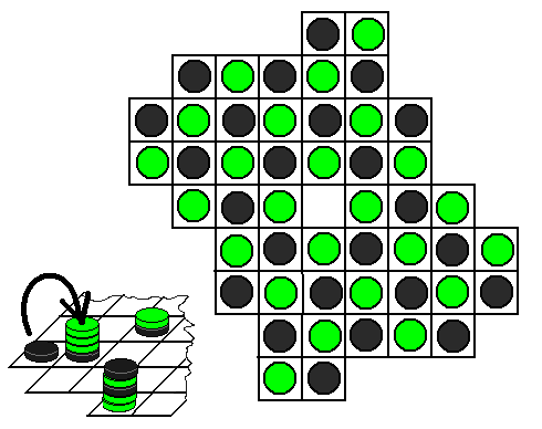 AWALAM ( Rá - Rá - Rá tornyolósdi ) A (sakktábla színezéséhez hasonló) kezdő-állásból a játékosok felváltva egy-egy, saját színű korongot, vagy ( felülről nézve: ) saját színű tornyot tehetnek át a