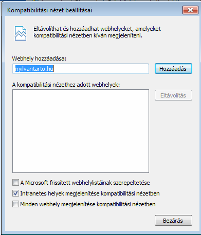 4. A www.nyilvantarto.hu vagy a www.kekkh.gov.hu weboldal beállítása a JÜB használatához A JÜB megfelelő használatához IE9 esetében be kell állítani az ún. kompatibilitási nézetet.