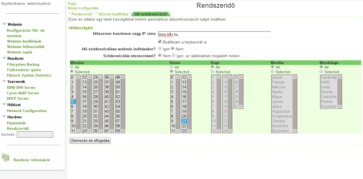 VII.2.4.2 Hardveridő 104. ábra: Rendszeridő beállításai A szerveridő beállítása nagyon fontos, a rajta futó szolgáltatások megkövetelik, hogy az idő mindig pontos legyen.
