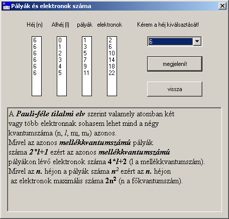 A 14.ábrán egy adott héjhoz (6-os főkvantumszámú) tartozó lehetséges alhéjak (mellék-kvantumszámok), az alhéjakhoz tartozó elektronpályák száma, valamint a pályákon a maximális elektronszám értékei