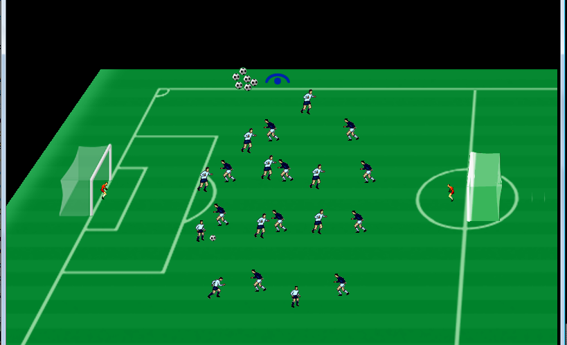 B; 2 térfeles játék egyik térfélen 3-3 ellen labdakihozatal, másik térfélen 2-2 elleni játék, a 3-3 elleni játékból mélységi passz után szélső fellépésével 3-3 elleni támadás befejezés.