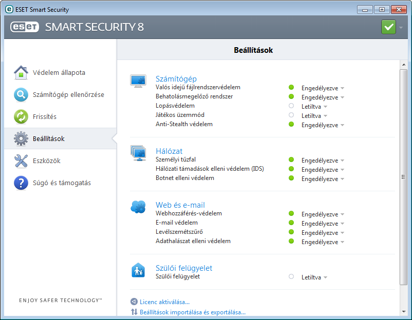 4. Az ESET Smart Security használata Az ESET Smart Security beállításai lehetővé teszik a számítógép és a hálózat védelmi szintjének a megadását.