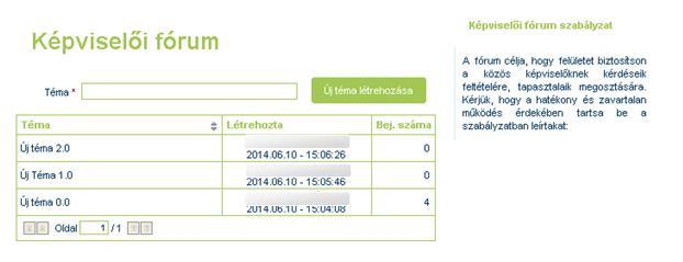 Továbblépve megjelenik a témák listája táblázatos formában, valamint egy nyomógomb, melyre kattintva új téma hozható létre.